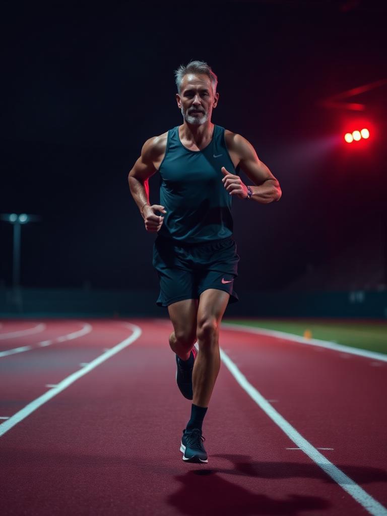 Tom running on an indoor track at night
